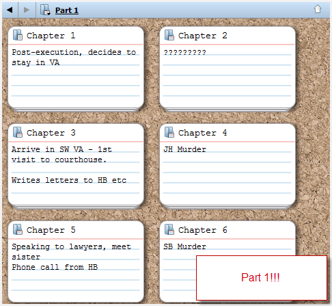 a part of my book laid out on the scrivener corkboard