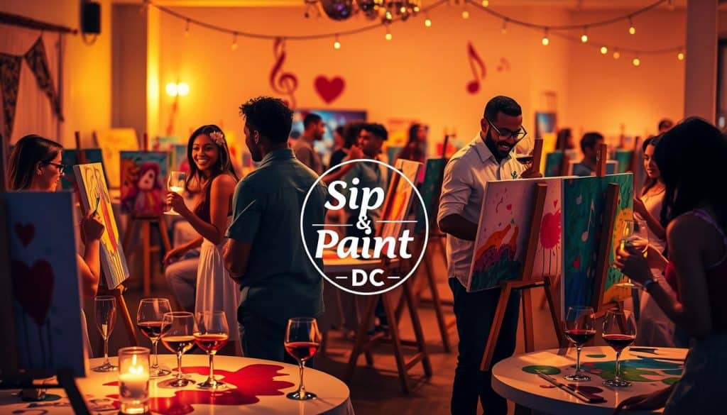 People are enjoying a Sip & Paint event in Washington, D.C., painting on canvases while drinking wine. The room is warmly lit with hanging lights, and there is a lively, creative atmosphere.
