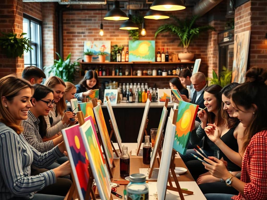 A group of people sit at long tables in a cozy, brick-walled venue, painting colorful scenes on canvases during a social art event.