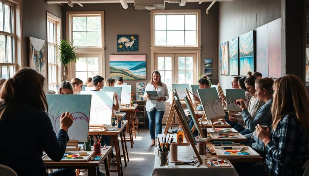 A group of people sits at easels painting in a brightly lit art studio while an instructor stands at the front giving guidance.
