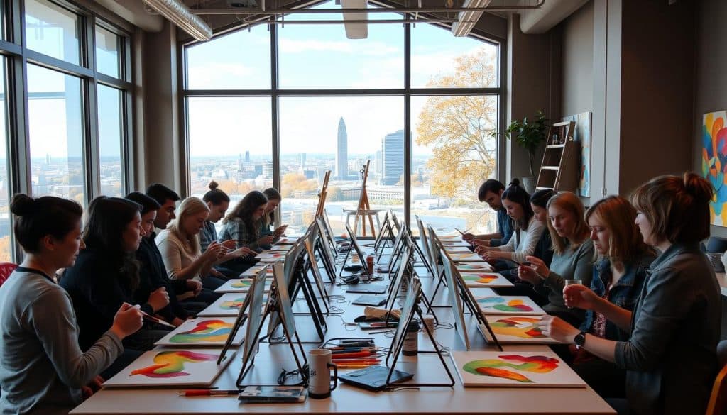 A group of people sit at long tables in a modern office, painting on canvases with city buildings visible through large windows in the background.