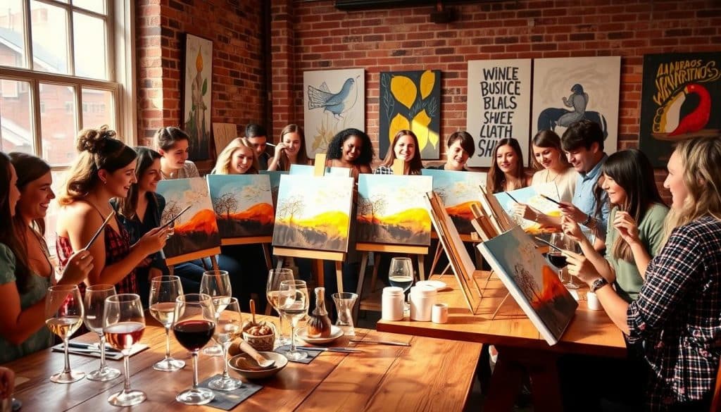 A group of people sit around a table painting landscapes on canvases in a well-lit art studio, with wine glasses and snacks on the table. Artworks hang on the brick wall in the background.
