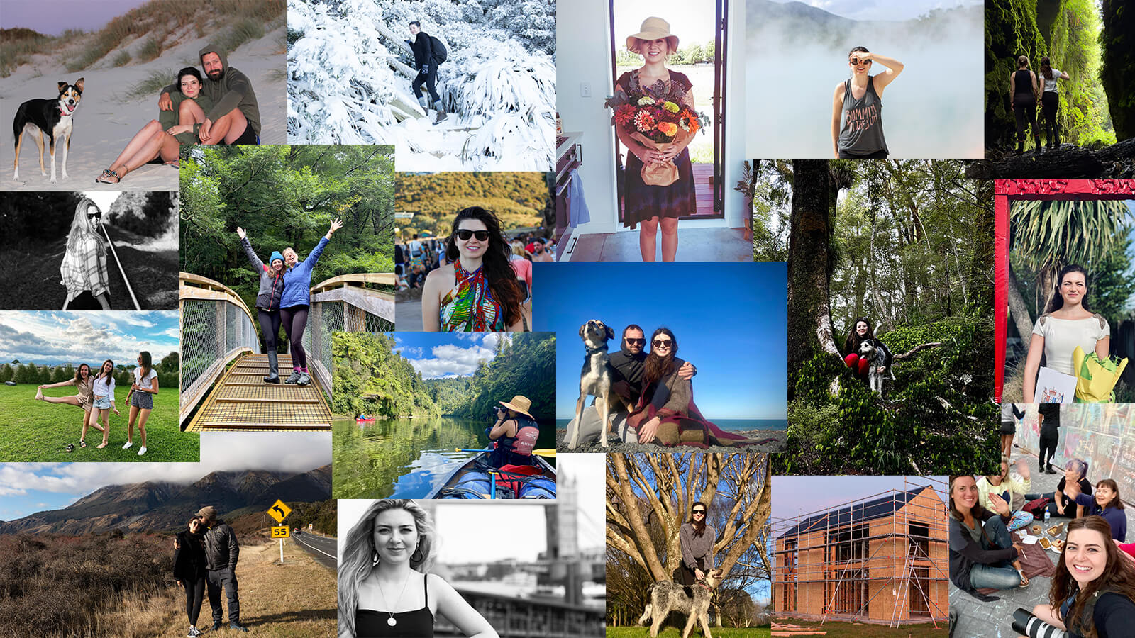 A collage of diverse moments from a woman’s life, showing her in various outdoor and indoor settings across different seasons. The images include her hiking in snowy mountains, walking through lush green forests, kayaking on a river, posing with her dog and partner on a beach, holding flowers, enjoying time with friends, building a house, and attending a picnic. Some photos are in color, others in black and white. The mood is adventurous, joyful, and connected to nature and community.