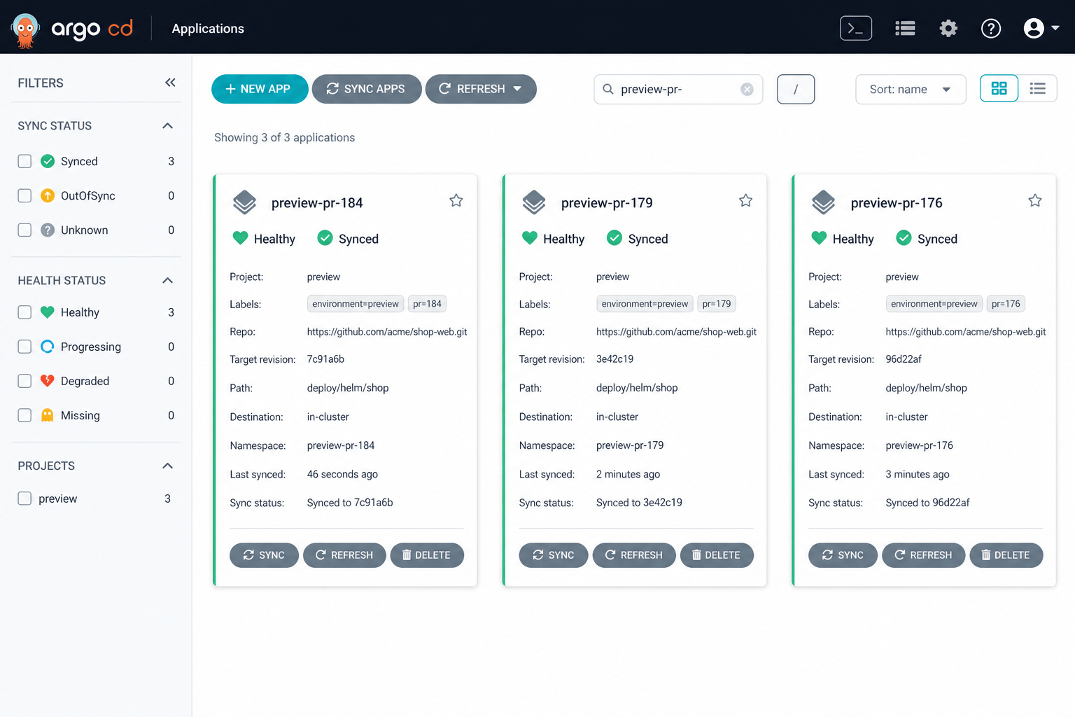 Argo CD Applications dashboard showing three pull request environments