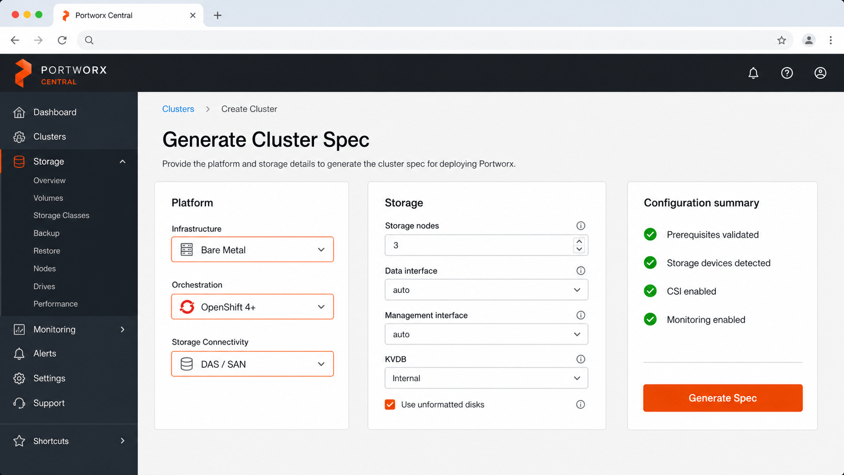 Enterprise storage cluster specification
