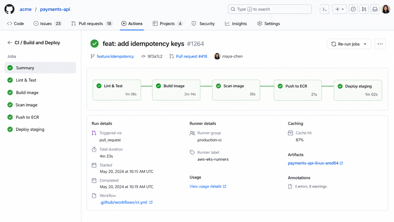 Successful GitHub Actions pipeline on AWS runners