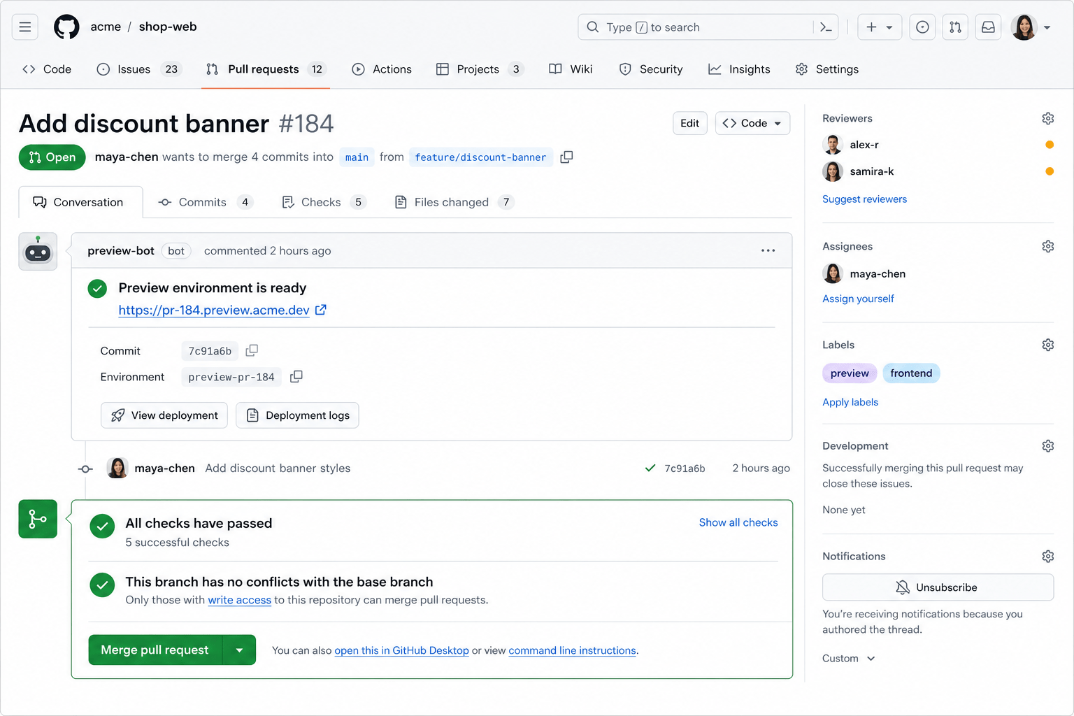 GitHub pull request with a ready preview environment