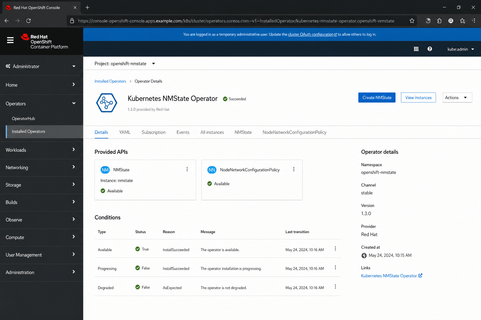 Kubernetes NMState Operator installed with available APIs and healthy conditions