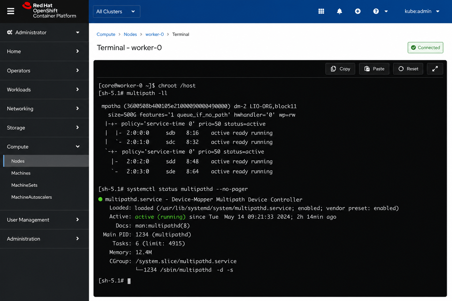 OpenShift node terminal showing four healthy multipath paths and the running service