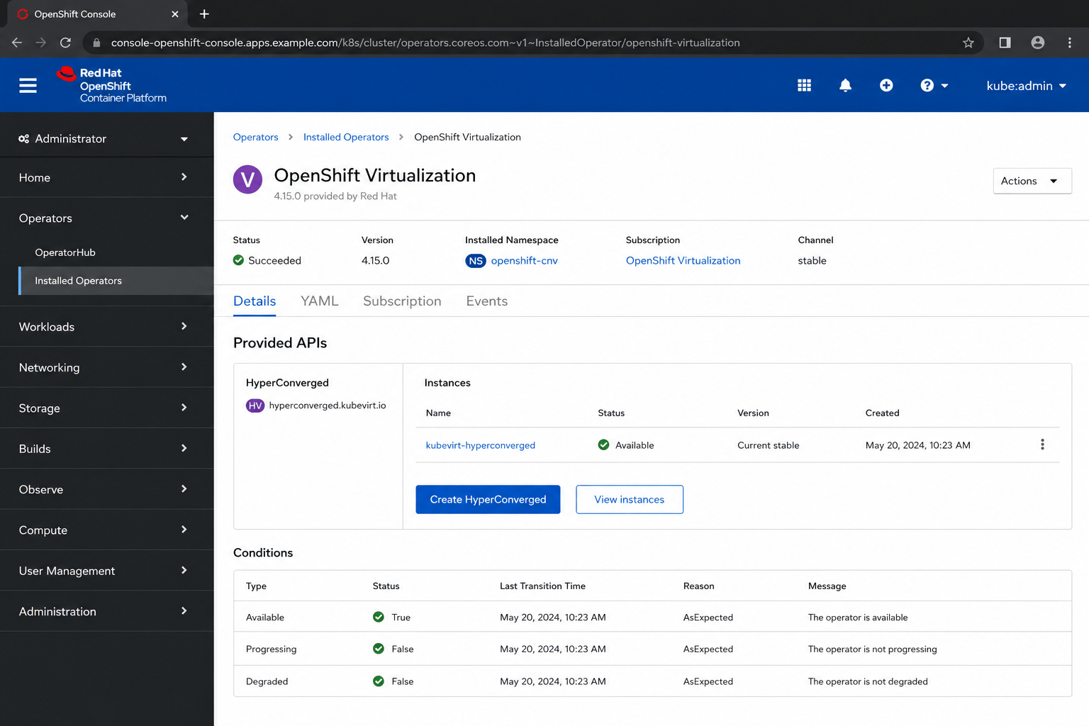 OpenShift Virtualization Operator and HyperConverged instance reporting healthy conditions