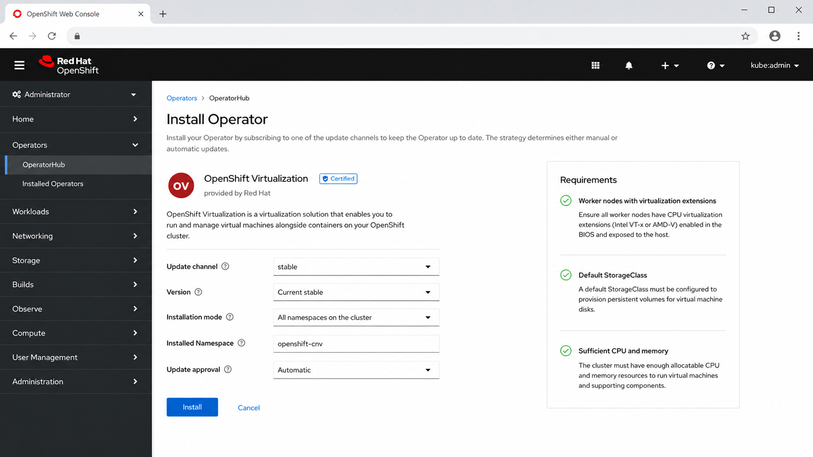 OpenShift Virtualization Operator installation