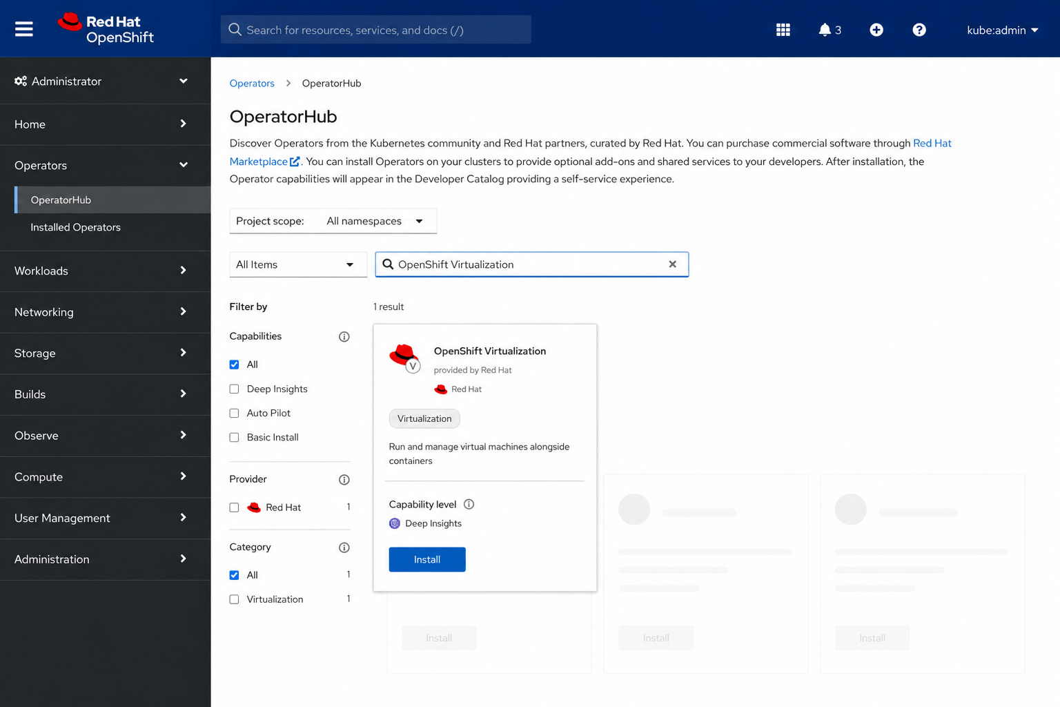 OpenShift Virtualization selected from OperatorHub