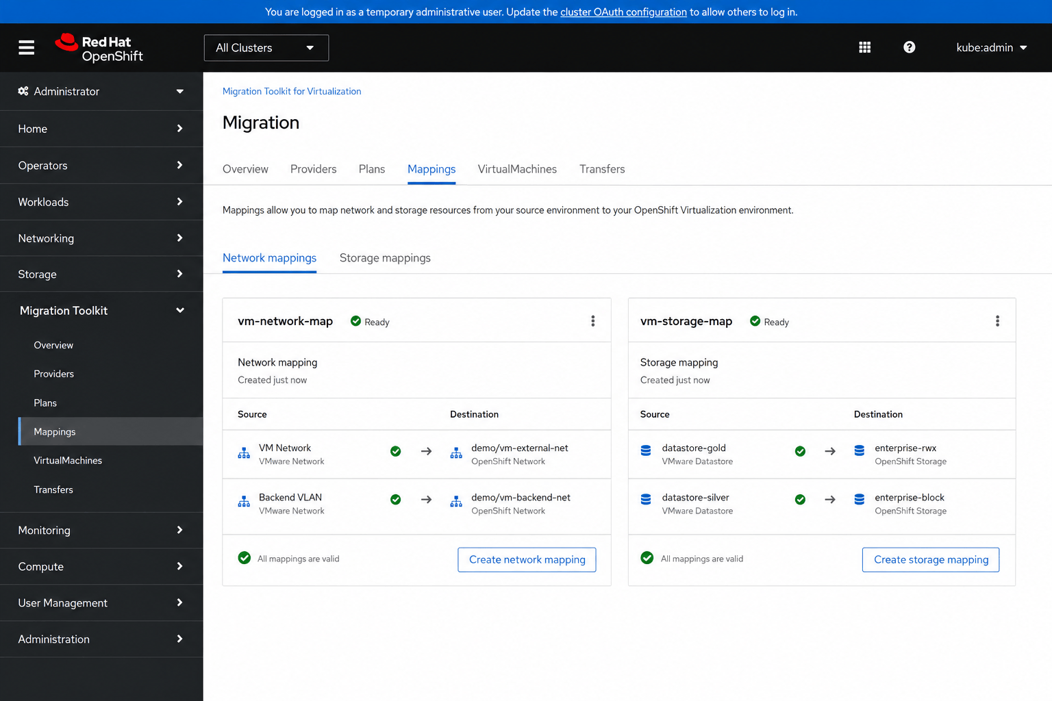 Validated source-to-destination network and storage mappings