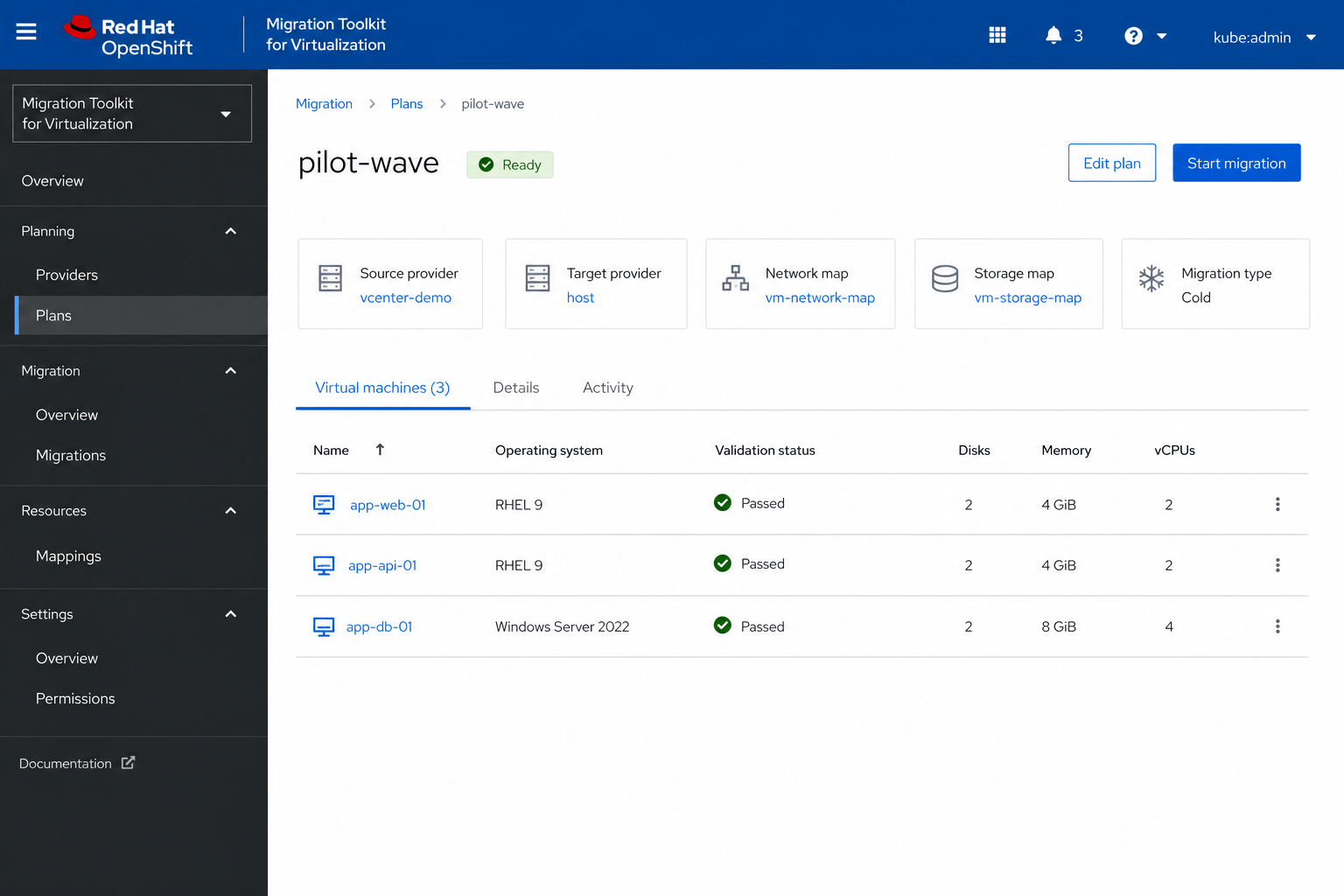 Validated pilot migration plan with source, target, network and storage mappings