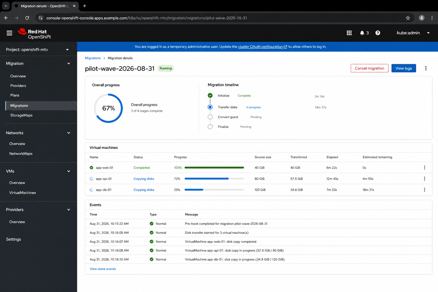 Pilot migration transferring virtual machine disks with per-VM progress and events