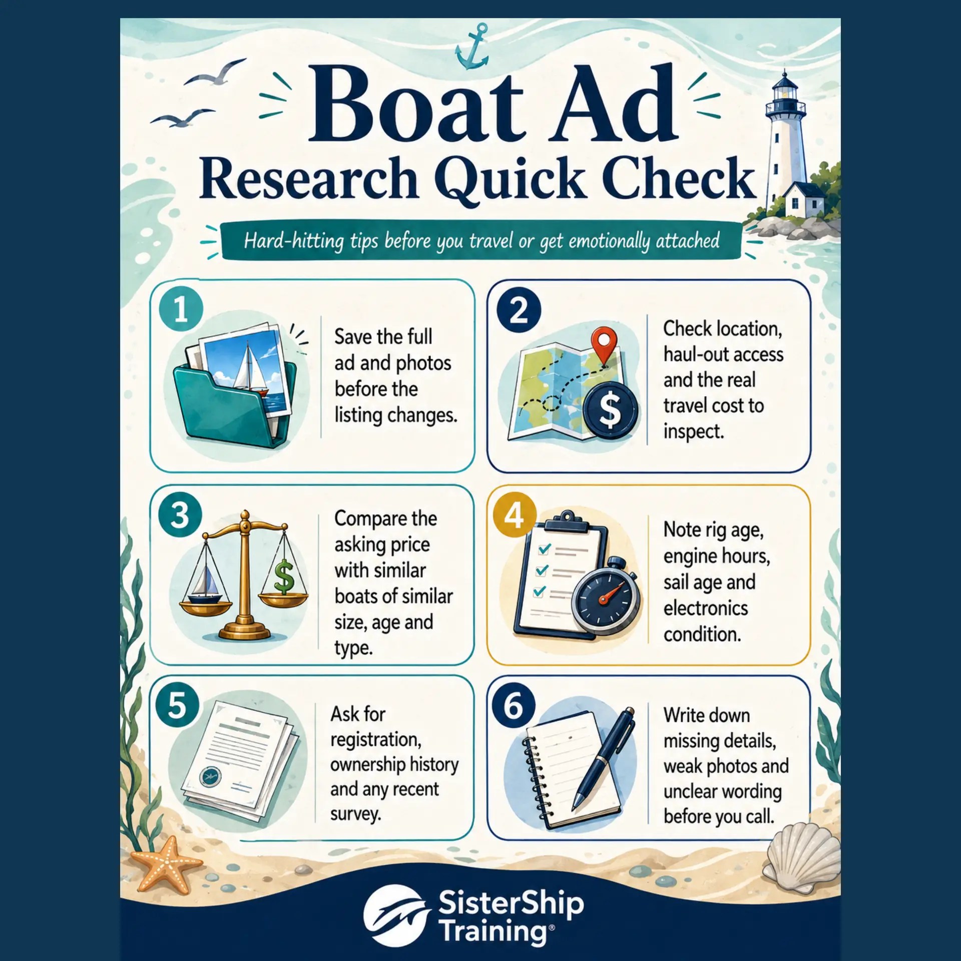 Boat ad research quick check graphic from SisterShip Training, listing six tips for checking a boat listing before travelling or getting emotionally attached.