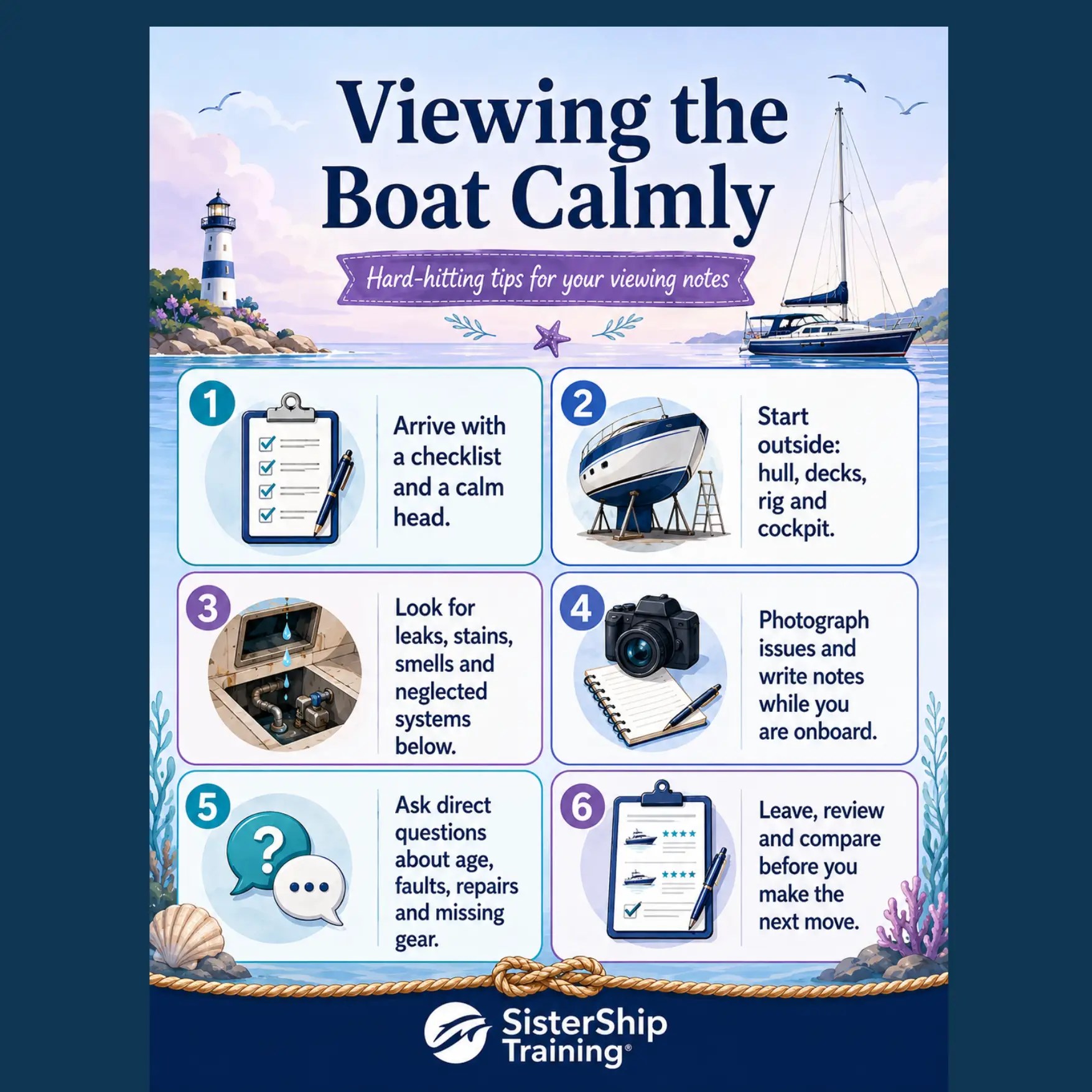 Infographic showing six calm boat viewing tips, including using a checklist, checking hull, deck, rig and cockpit, looking for leaks and taking notes onboard.