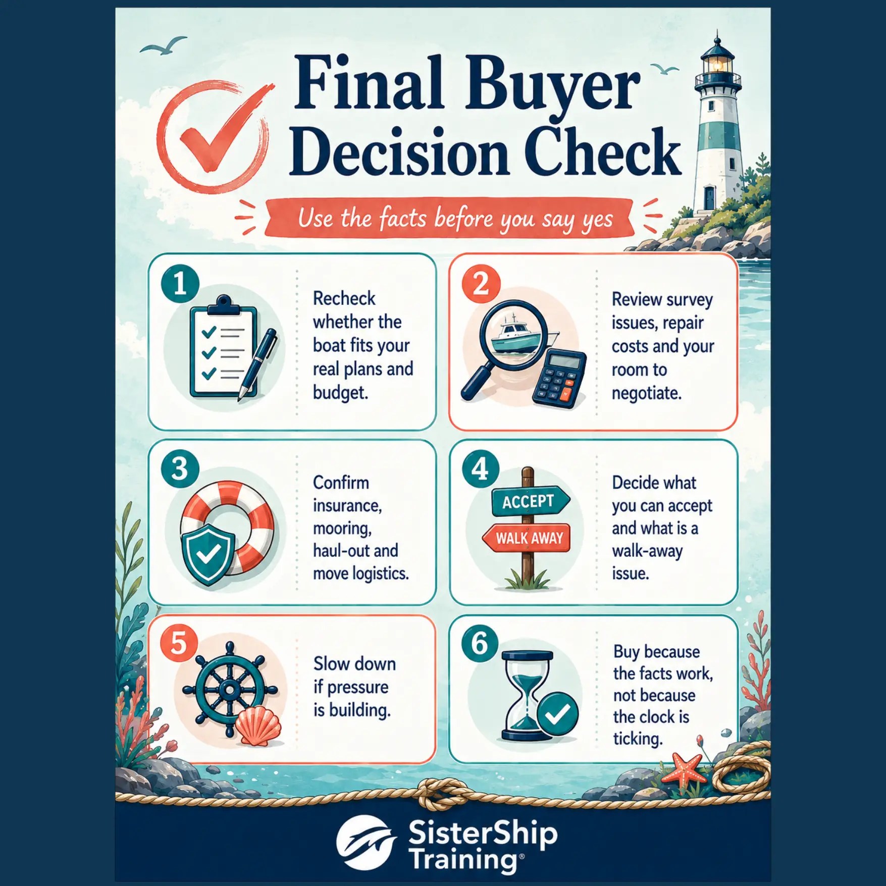 Infographic showing six final buyer decision checks before buying a used boat, including budget, survey issues, insurance, logistics, walk-away points and pressure.