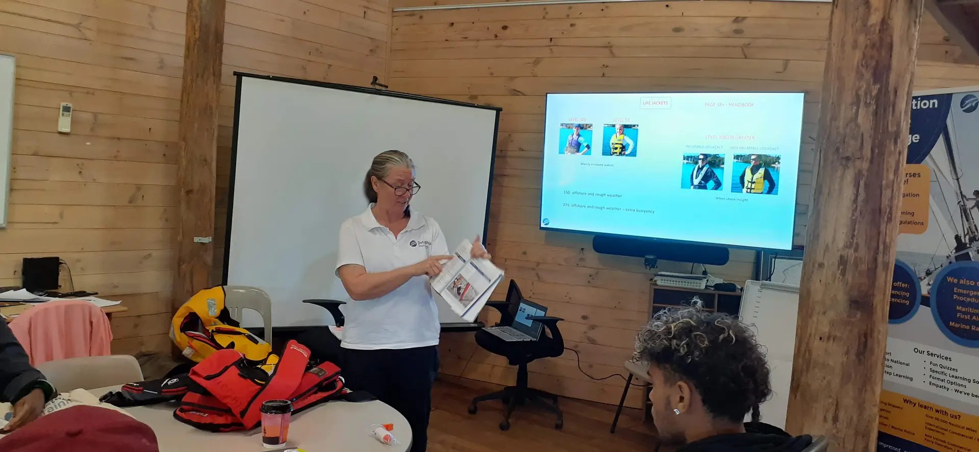 Jackie teaching a face-to-face NSW boat licence course, helping new boaters learn safety, rules, and practical boating skills.