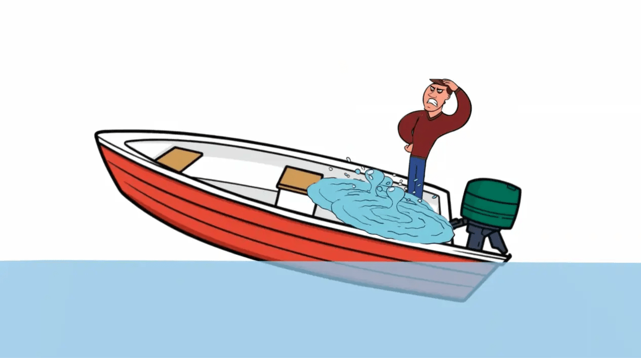 Cartoon boat with a nervous new boater, used to explain what happens in a face-to-face NSW boat licence course.