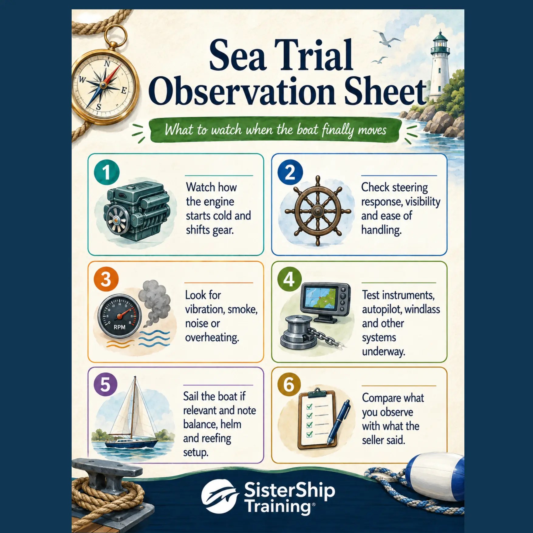 Infographic showing six boat sea trial checks, including cold engine start, gear shifting, steering response, vibration, smoke, overheating, instruments and handling.