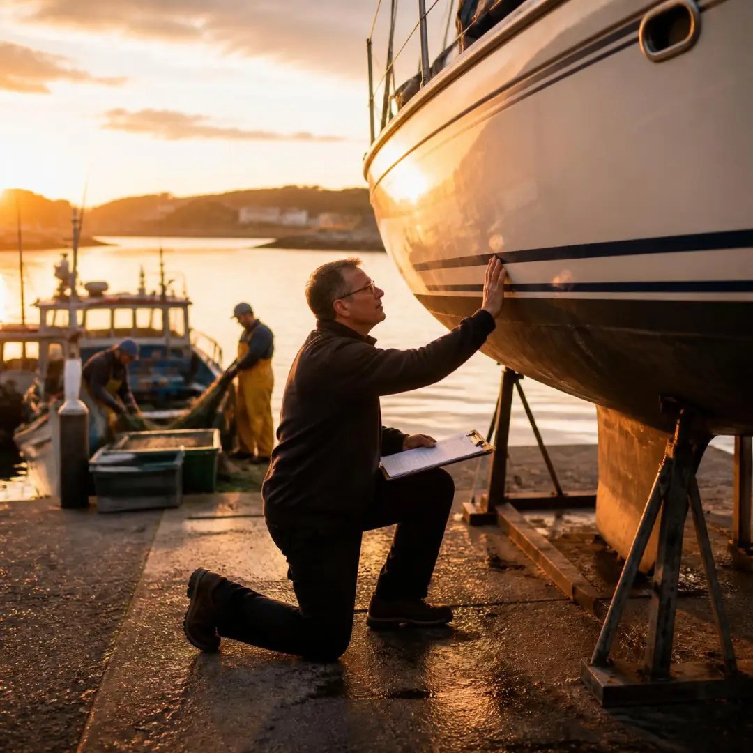Boat surveyor inspecting the hull of a sailboat on the hard, used as an example of arranging a survey before buying a used cruising boat.