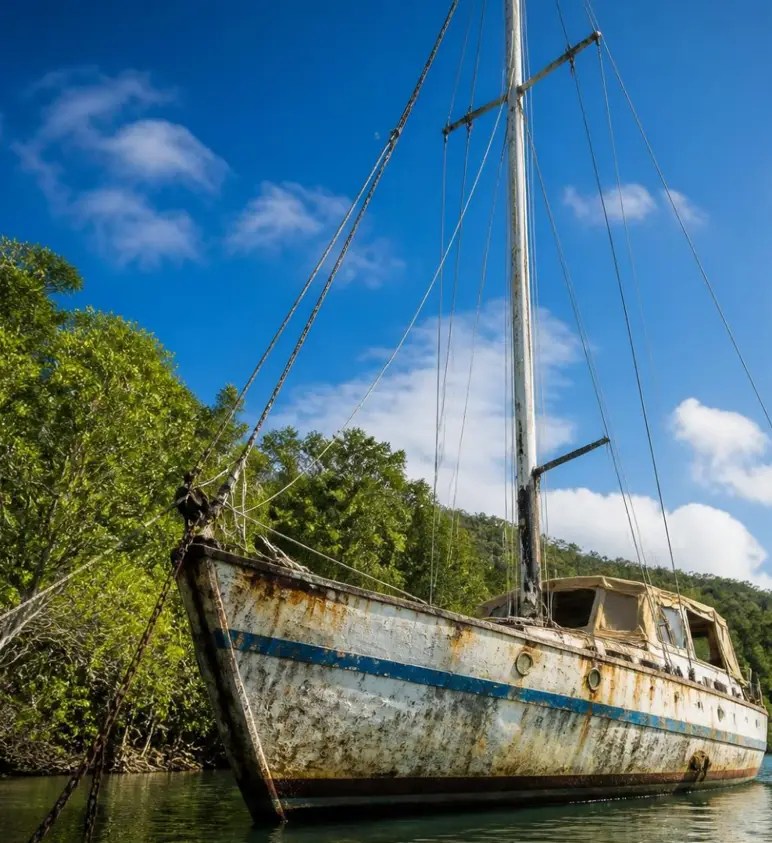 Old neglected sailboat with stained hull and rigging, used as an example of a cheap or abandoned boat that may need major repairs before cruising.