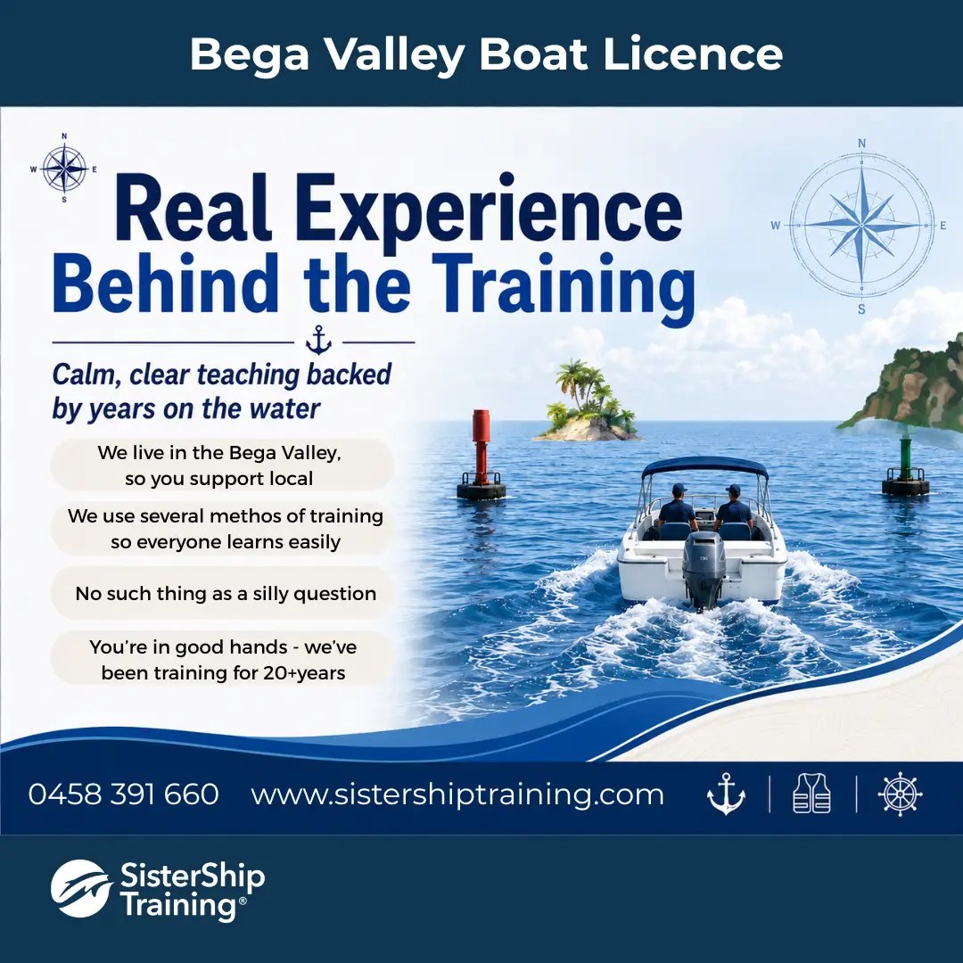 Infographic about NSW boat licence training showing navigation markers, buoyage, and local face-to-face boating instruction in Bega Valley.
