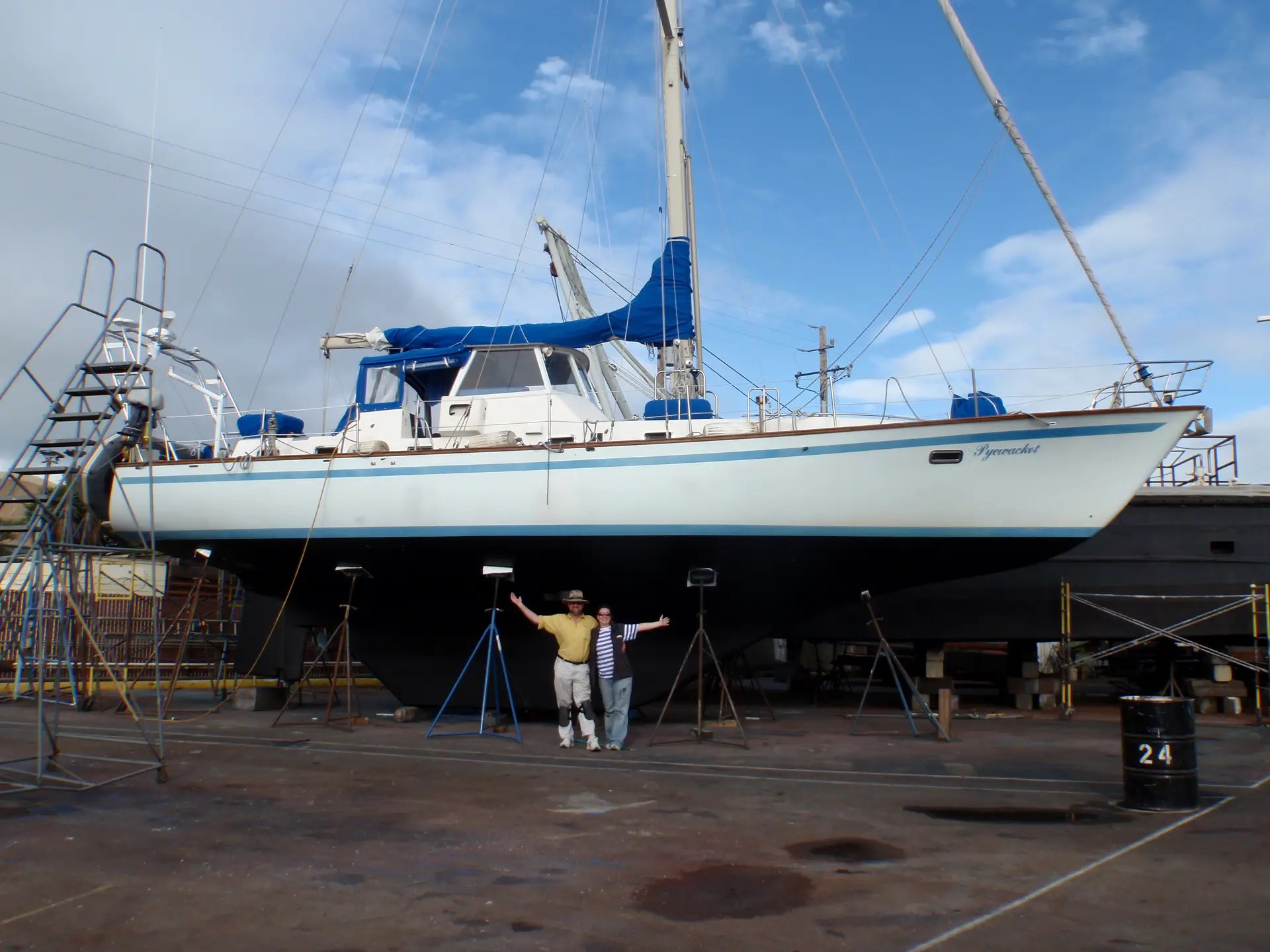 Cruising sailboat on the hardstand during a boat inspection