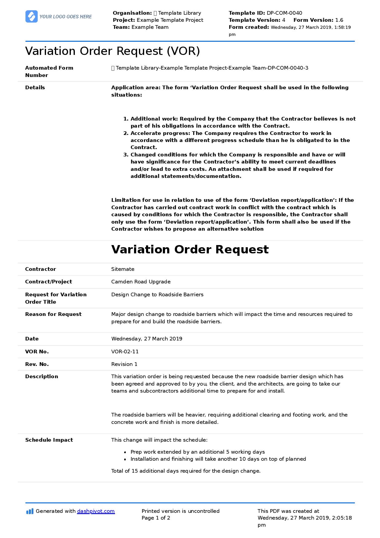 Free Construction Change Order Template