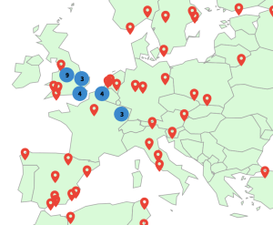 Zoomed-in view of a world map from the Web of Science dashboard, showing citation counts in more detail for a specific region.