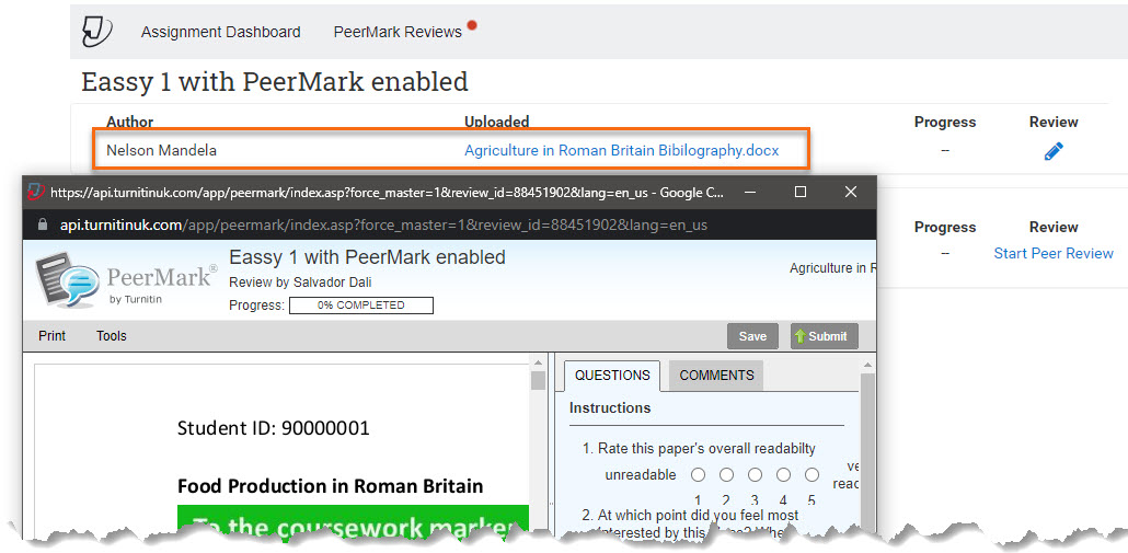 PeerMark assigned paper open for review. Author's name circled.