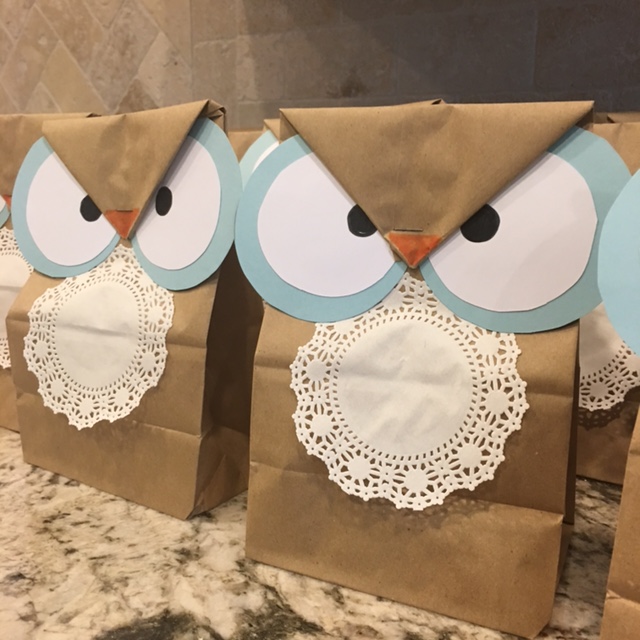 Owl-themed favor bags filled with candy.