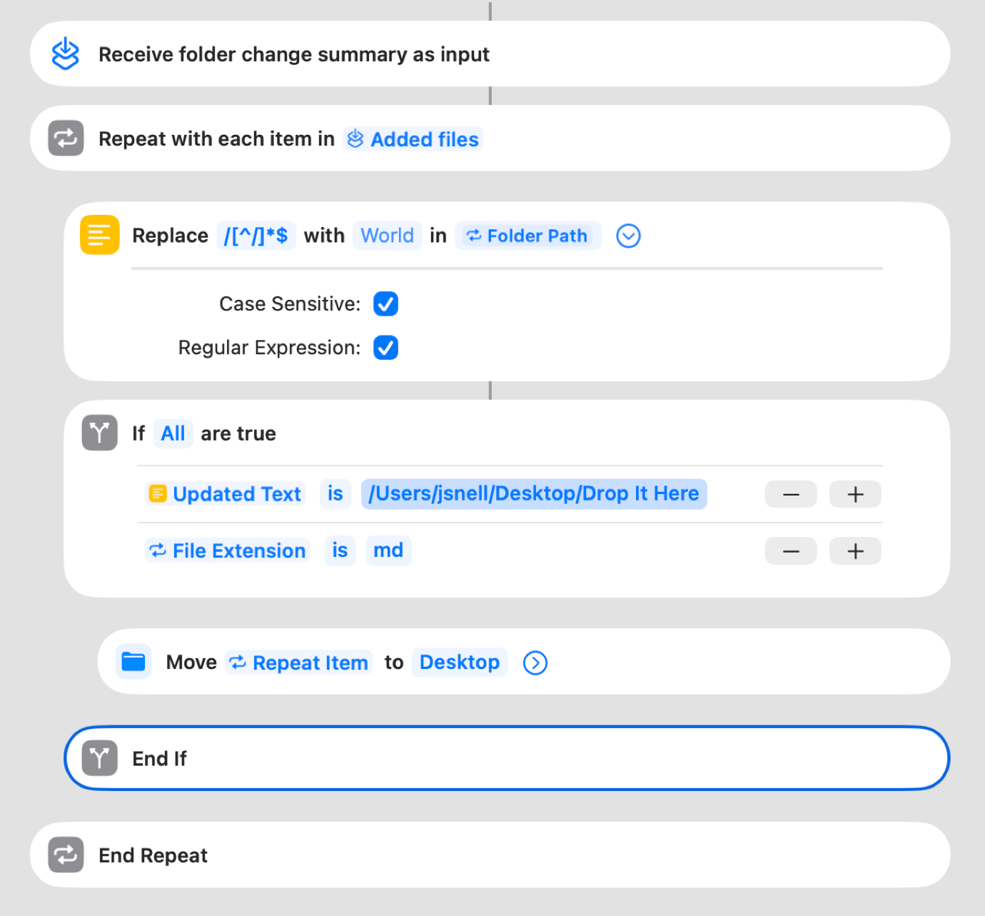 This screenshot shows a workflow automation interface with steps: 'Receive folder change summary,' 'Repeat with each item,' 'Replace \$ with World in Folder Path,' 'If All are true,' 'Move to Desktop,' and 'End If.' Includes checkboxes and dropdown menus.