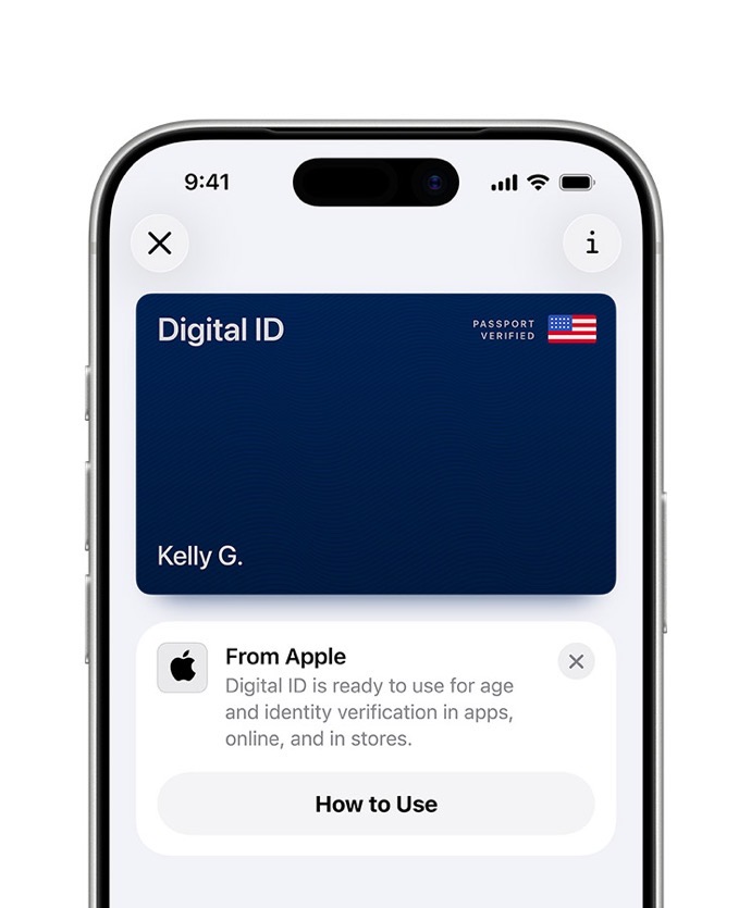 Smartphone screen displays a digital ID with 'Passport Verified' and 'Kelly G.'. Below, a notification from Apple states the ID is ready for use, with an option to learn how to use it.