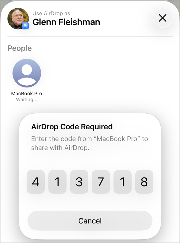 Screenshot of entering an AirDrop code on a sender's device.