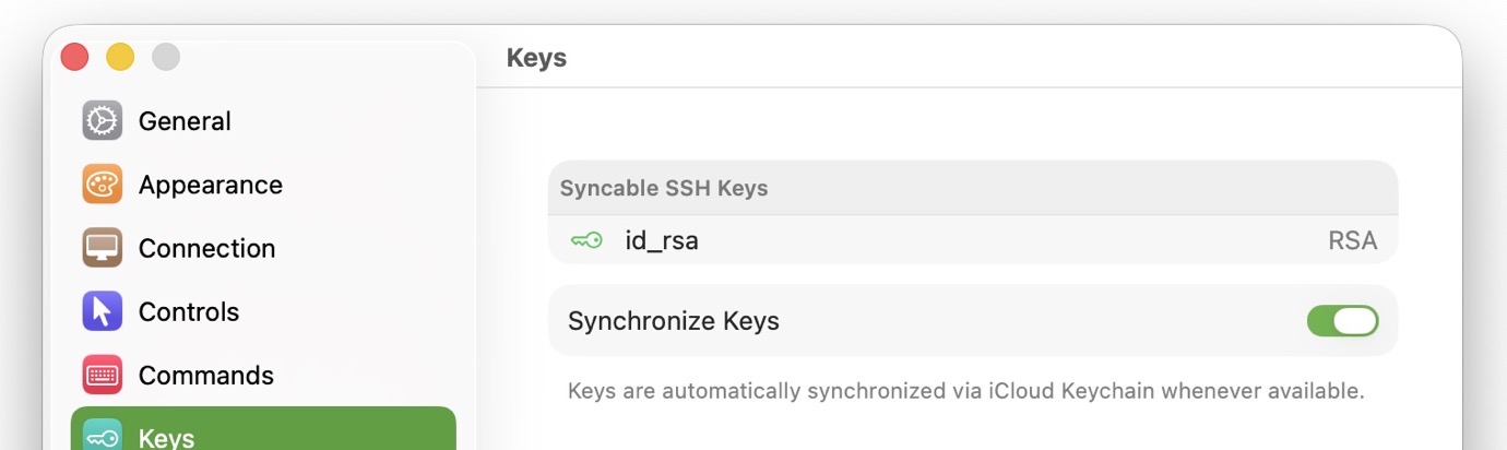 Screenshot of a settings window titled 'Keys' with options to sync SSH keys and synchronize keys via iCloud Keychain.