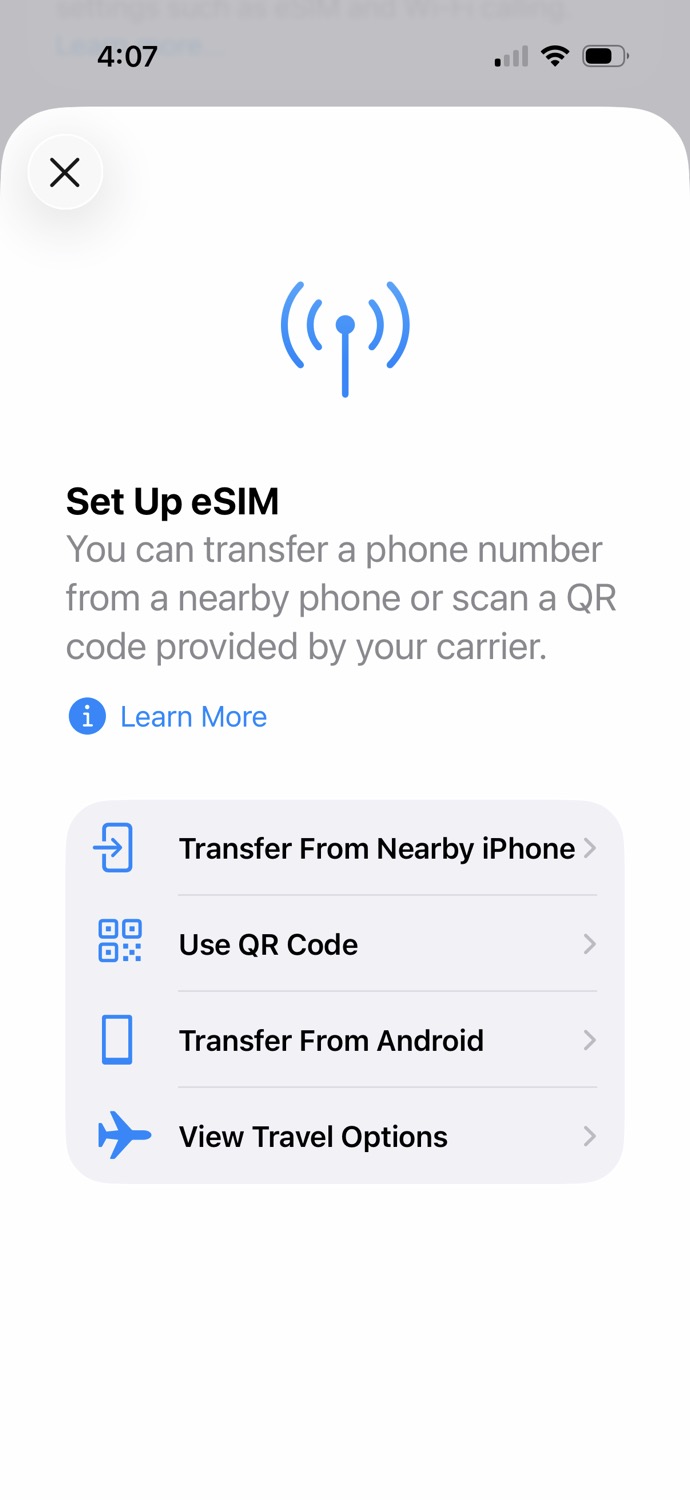Screenshot of iPhone screen with 'Set Up eSIM' instructions. Options include 'Transfer From Nearby iPhone,' 'Use QR Code,' 'Transfer From Android,' and 'View Travel Options.' Includes 'Learn More' link.