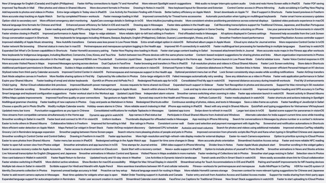 Screenshot of a long list of features and improvements for an operating system update.