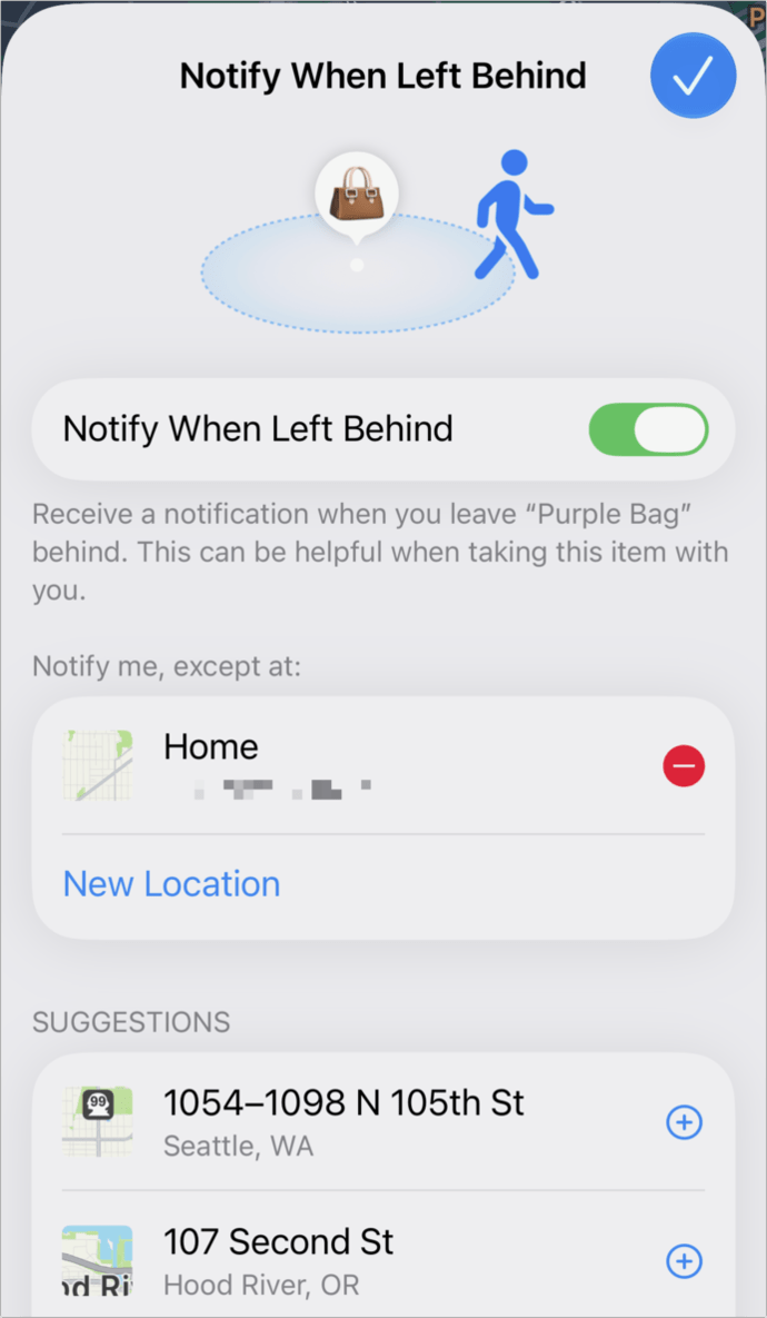 Notify When Left Behind dialog for Find My item