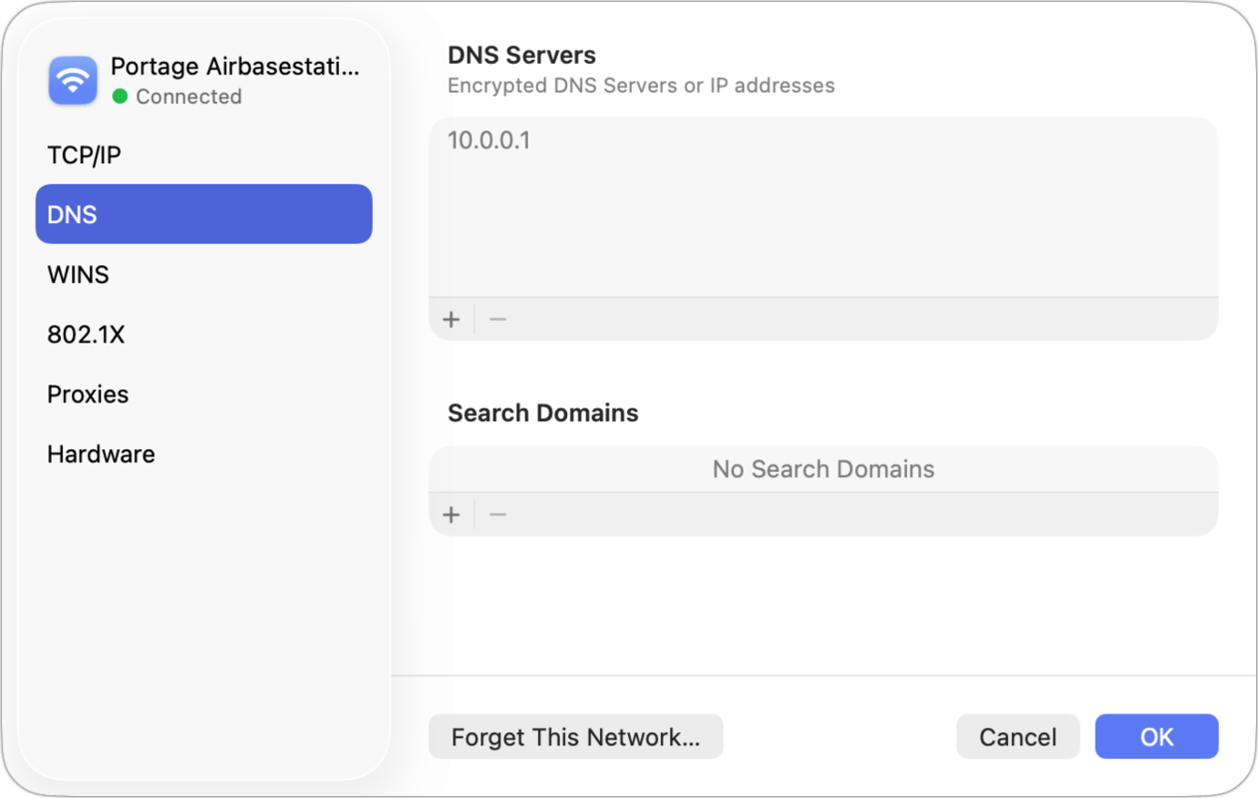 Screenshot of DNS configuration for Wi-Fi on a Mac.