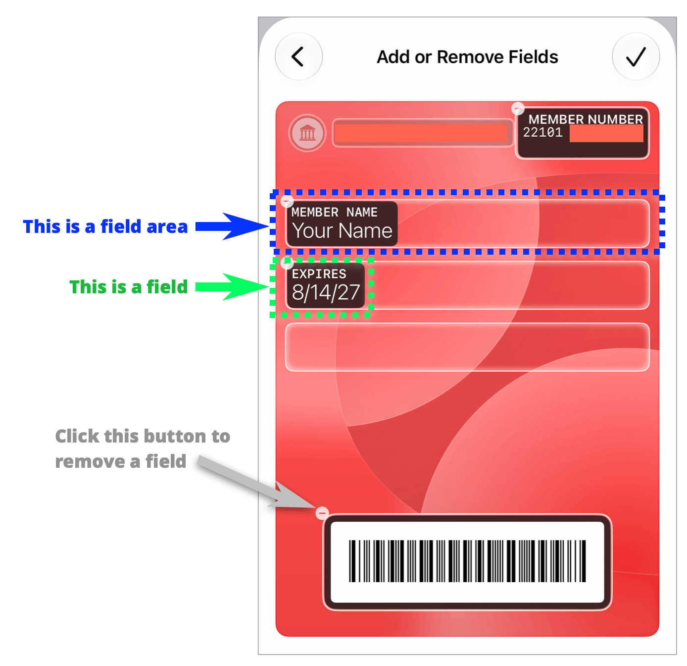 Figure of a pass created in Wallet for iOS 27 with callouts indicating the various parts.