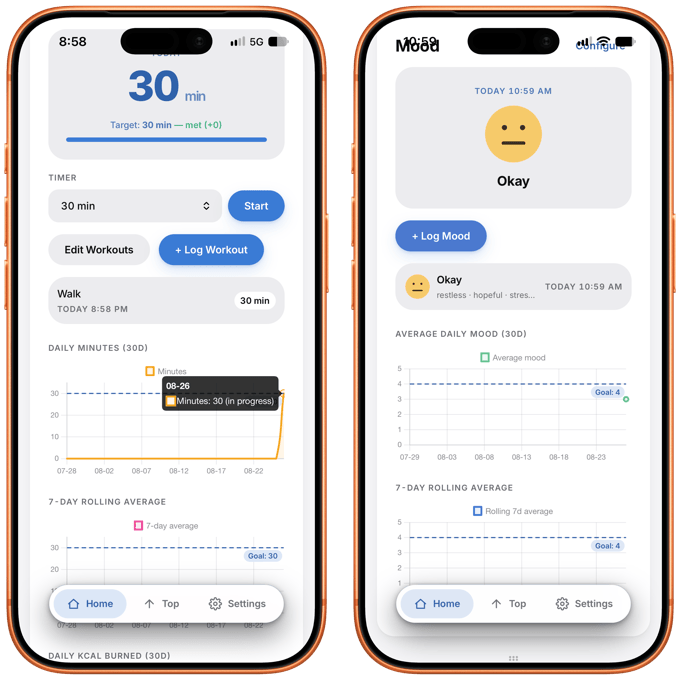 Two phone screenshots: left shows a 30-minute workout timer and graph with a walk logged; right shows mood logging with an “Okay” face and graphs. Both have Home, Top, Settings tabs.