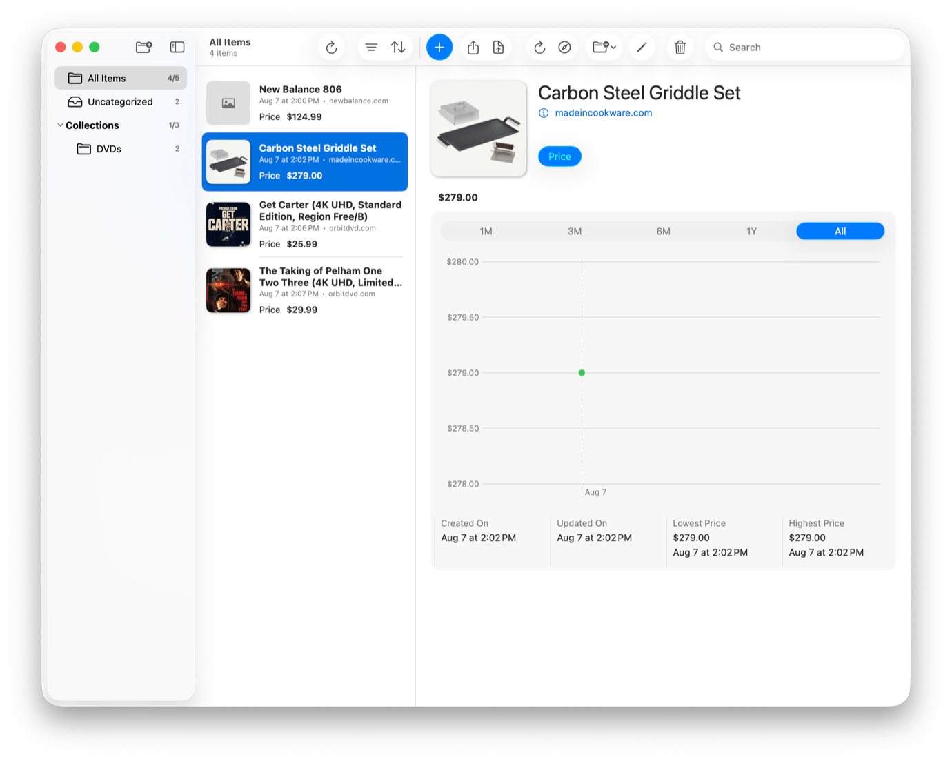 macOS app showing a price tracker.