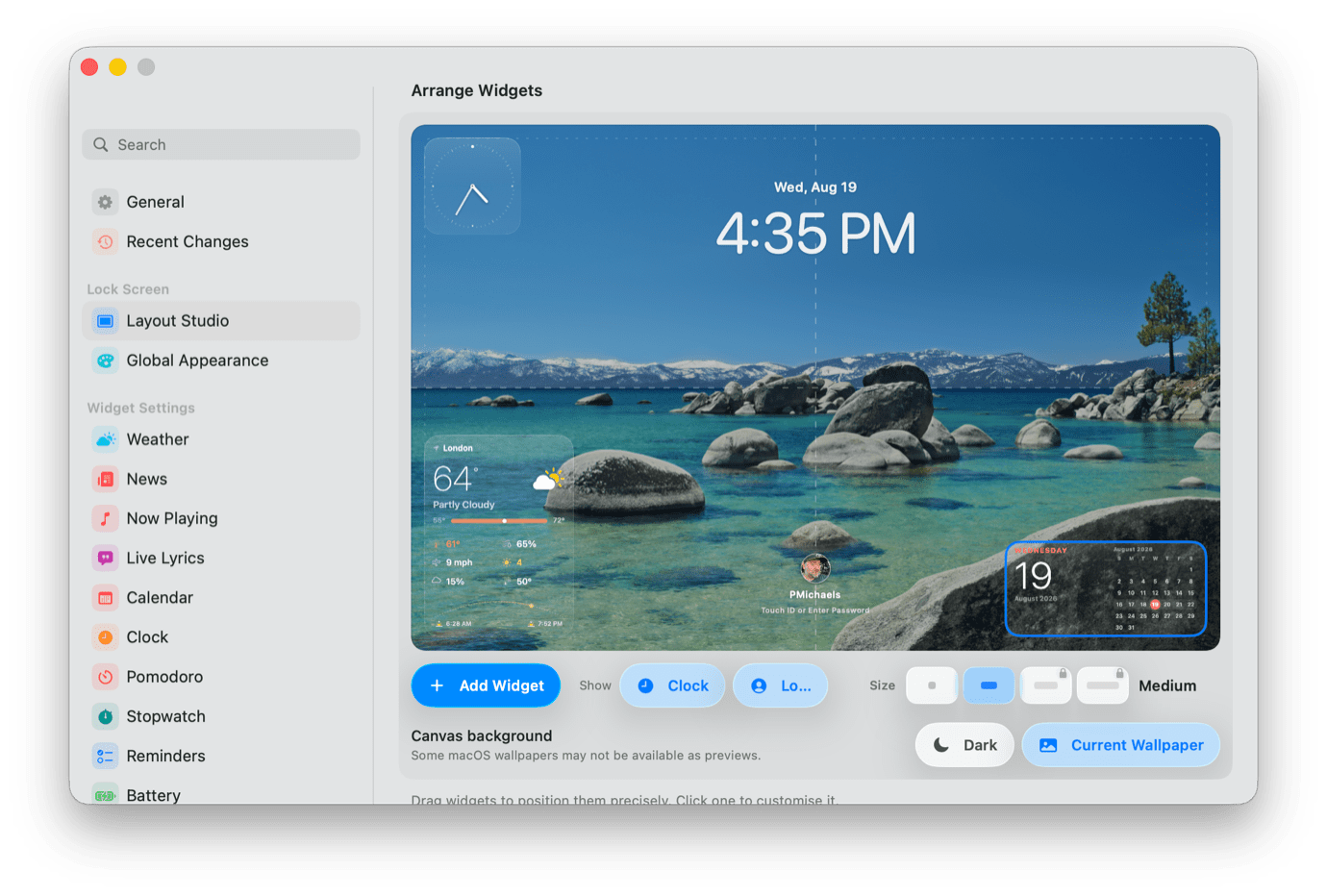 macOS Layout Studio showing widget arrangement: clock 4:35 PM, weather 64°F, calendar Aug 19 over lake scene. Sidebar lists widget types; controls include Add Widget, size, Dark, Current Wallpaper.