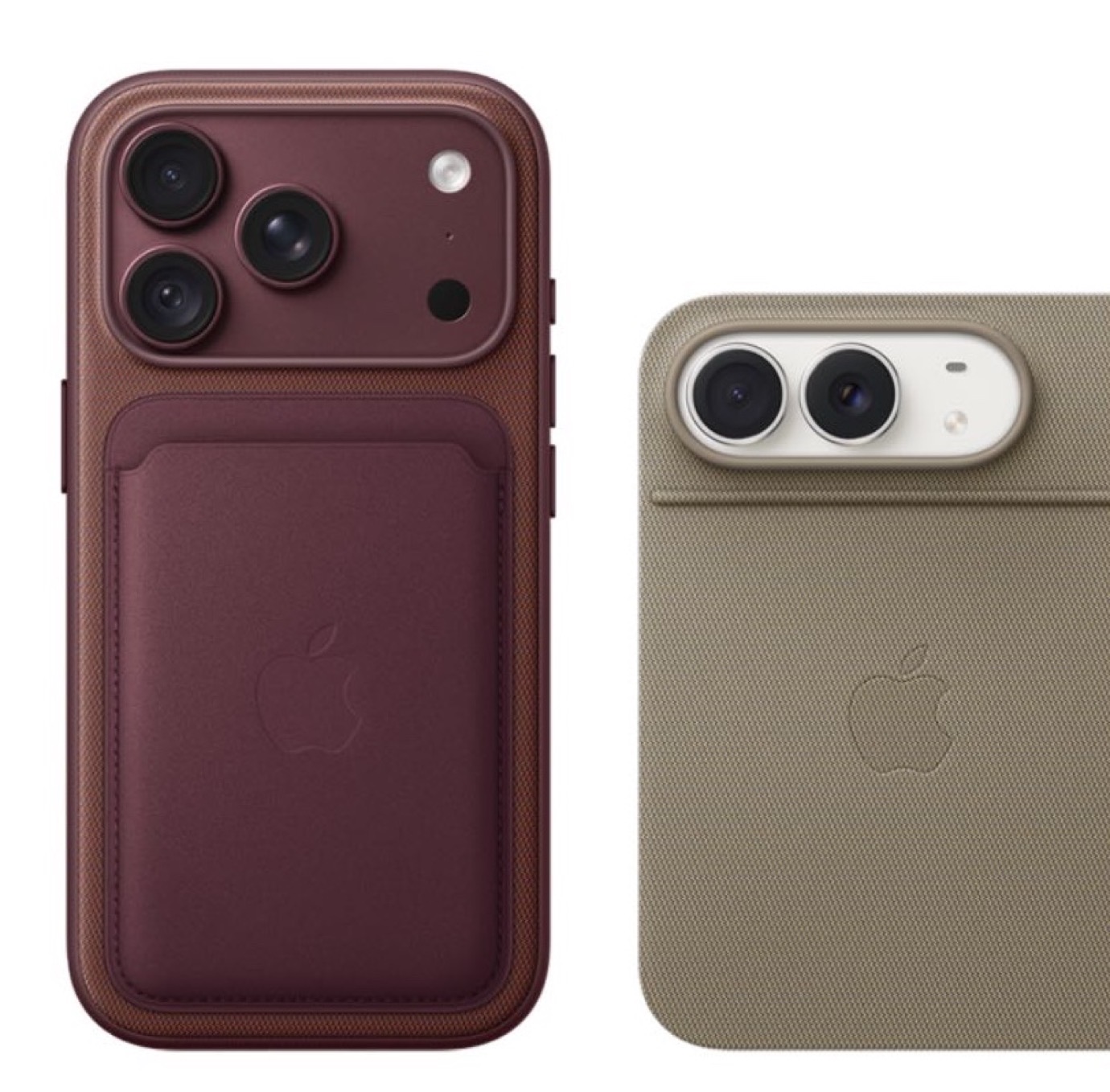 Two images of phone cases: one maroon with a card slot, one beige with a camera cutout.