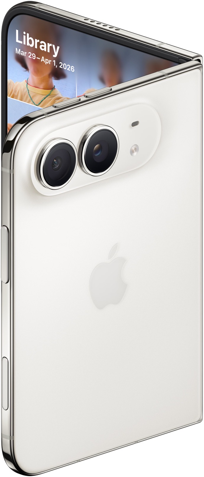 Smartphone with dual cameras on white back, displaying calendar event.