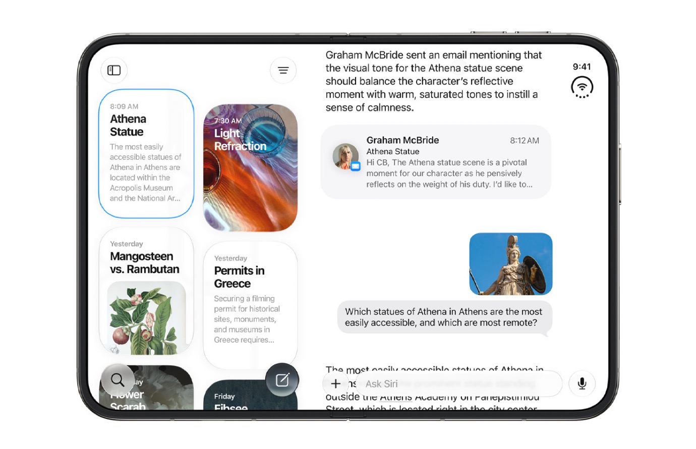 Smartphone screenshot showing notes and messages about Athena statue, light refraction, mangosteen vs rambutan, permits in Greece, flower scarab, fish see; includes email text and statue image.