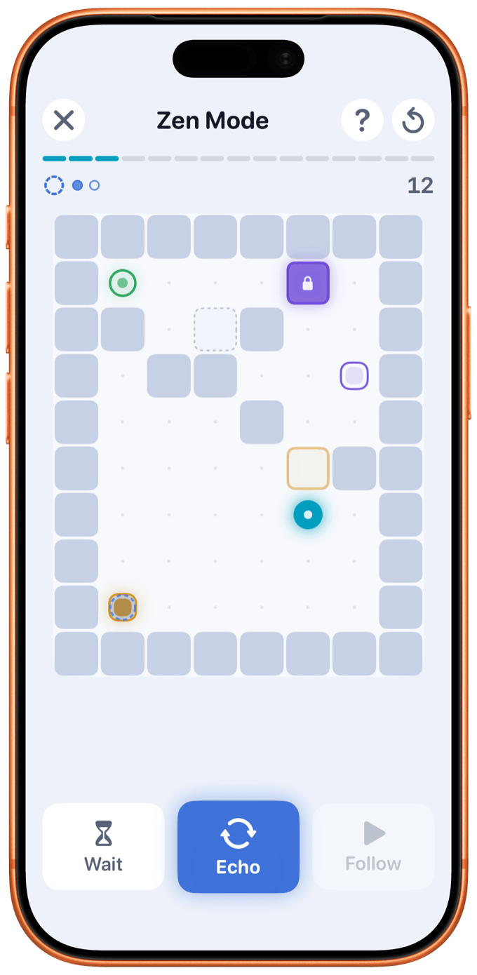 Smartphone screen showing Zen Mode puzzle game with grid, colored shapes, and buttons labeled Wait, Echo, Follow.