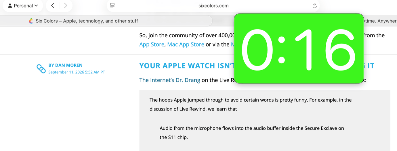 Screenshot of a webpage with text including 'YOUR APPLE WATCH ISN'T' and 'Audio from the microphone flows into the audio buffer inside the Secure Enclave on the S11 chip.' A green timer overlay shows '0:16'.